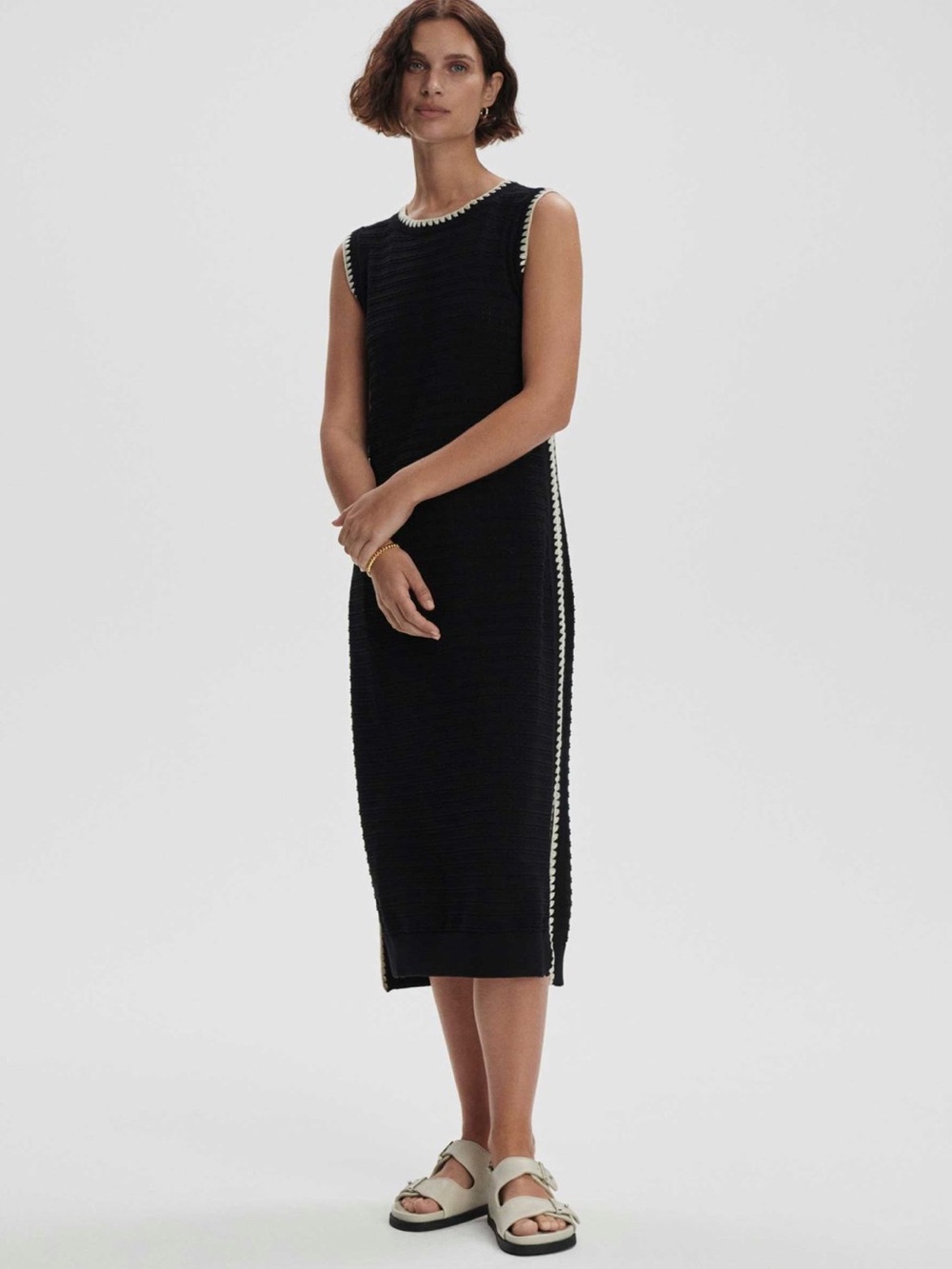 NWT Varley Black Dwight Tank Knit Midi Dress with Cream Contrast Trim Small